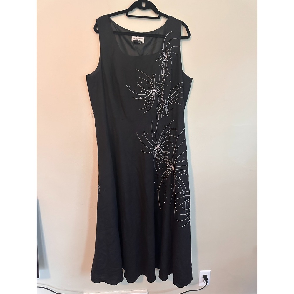 Adrianna Papell Maxi Dress Linen Blend 20W Black Beaded Fireworks Scoop Neck